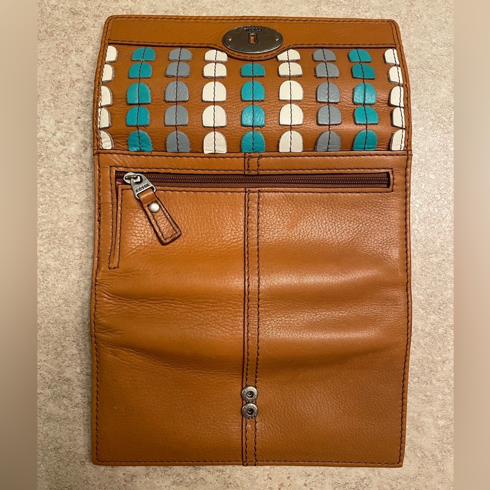 Large Fossil Clutch Wallet Genuine Leather Brown Teal Blue - Picture 2 of 10